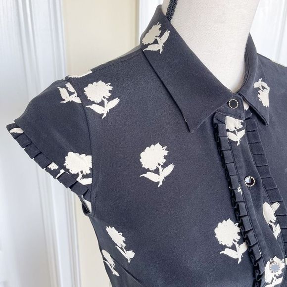 Kate Spade 100% Silk Size 0 Black White Contrast Floral Ruffled Belted Dress wit - Picture 5 of 11